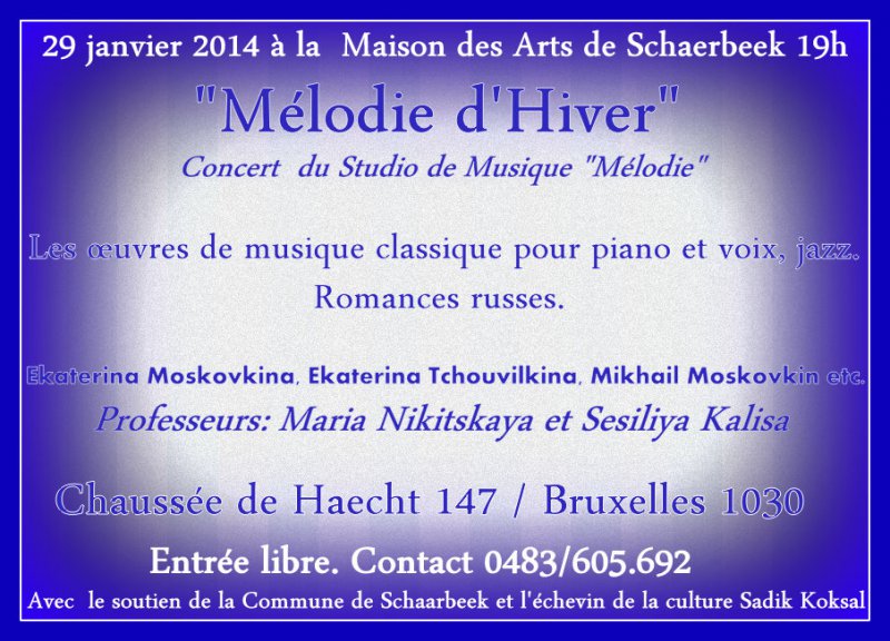Affiche. Schaerbeek. Mélodie de l|hiver. Sesiliya Kalisa. 2014-01-29